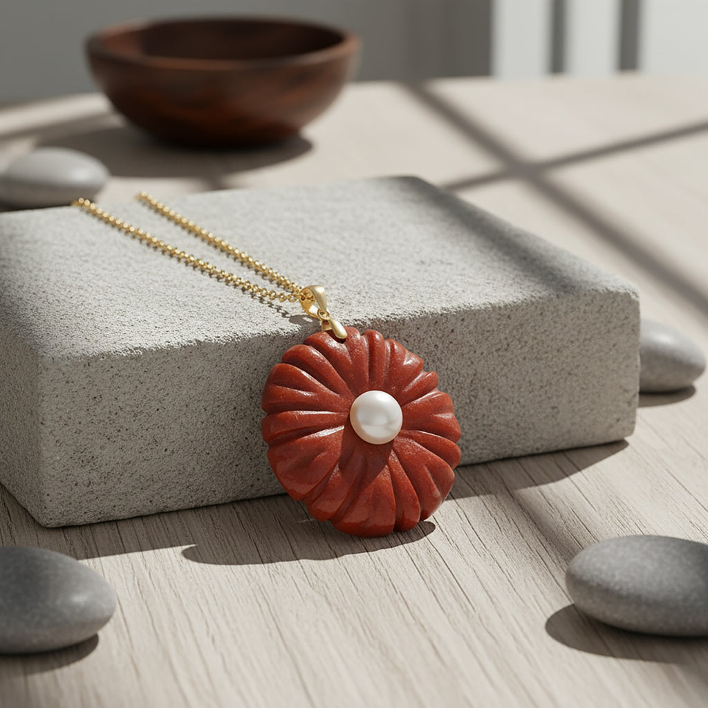 D'Joy - Enhanced Red Jade and White Fresh Water Pearl Flower Design Pendant with Chain (Size 20) in Yellow Gold Plated Sterling Silver 70.00 Ct._4424086_2
