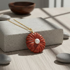 D'Joy - Enhanced Red Jade and White Fresh Water Pearl Flower Design Pendant with Chain (Size 20) in Yellow Gold Plated Sterling Silver 70.00 Ct._4424086_2