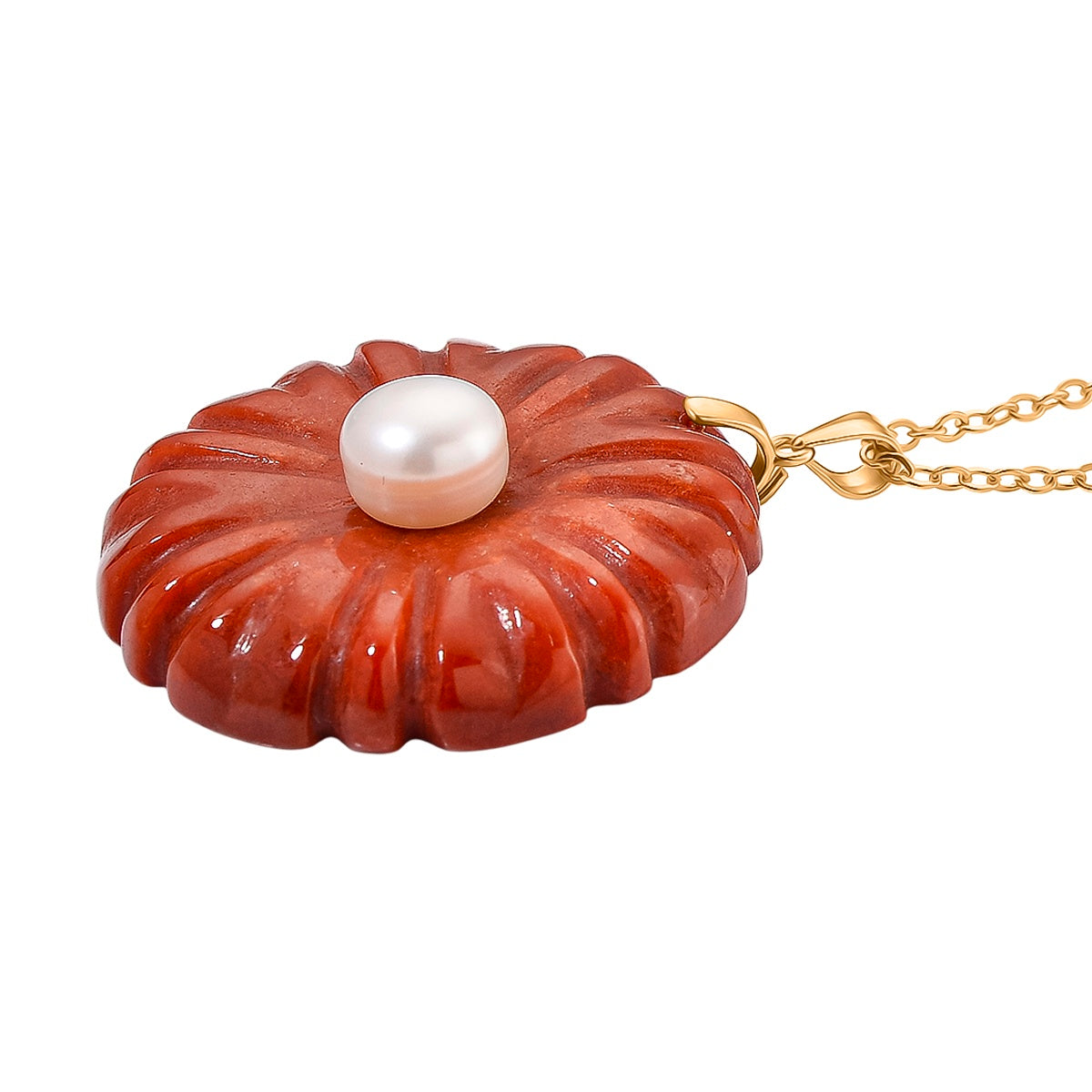 D'Joy - Red Jade and White Fresh Water Pearl Flower Design Pendant with Chain (Size 20) in Yellow Gold Plated Sterling Silver 70.00 Ct. V32640391 3