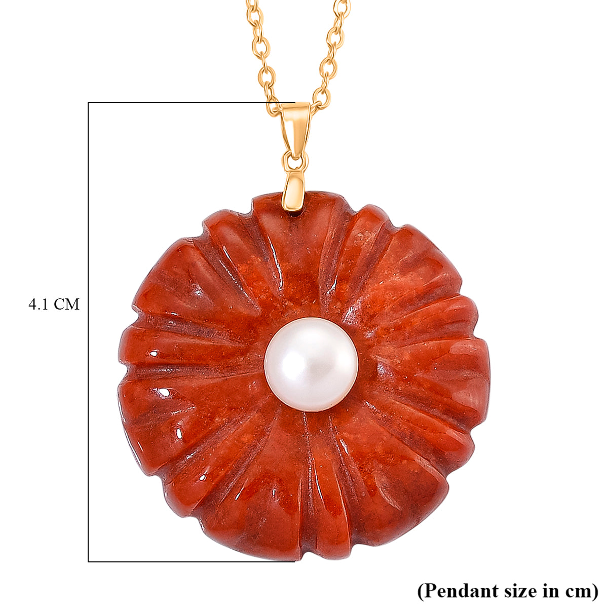 D'Joy - Red Jade and White Fresh Water Pearl Flower Design Pendant with Chain (Size 20) in Yellow Gold Plated Sterling Silver 70.00 Ct. V32640391 6