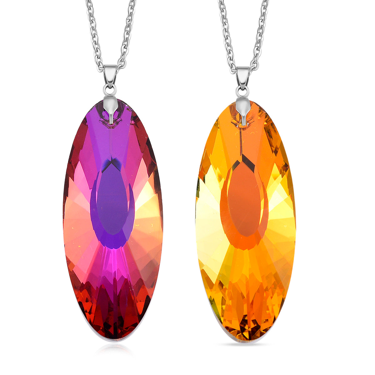 Set of 2 - Yellow &amp; Pink Colour Crystal Oval Solitaire Pendant with Chain (Size 24) 4424653 0