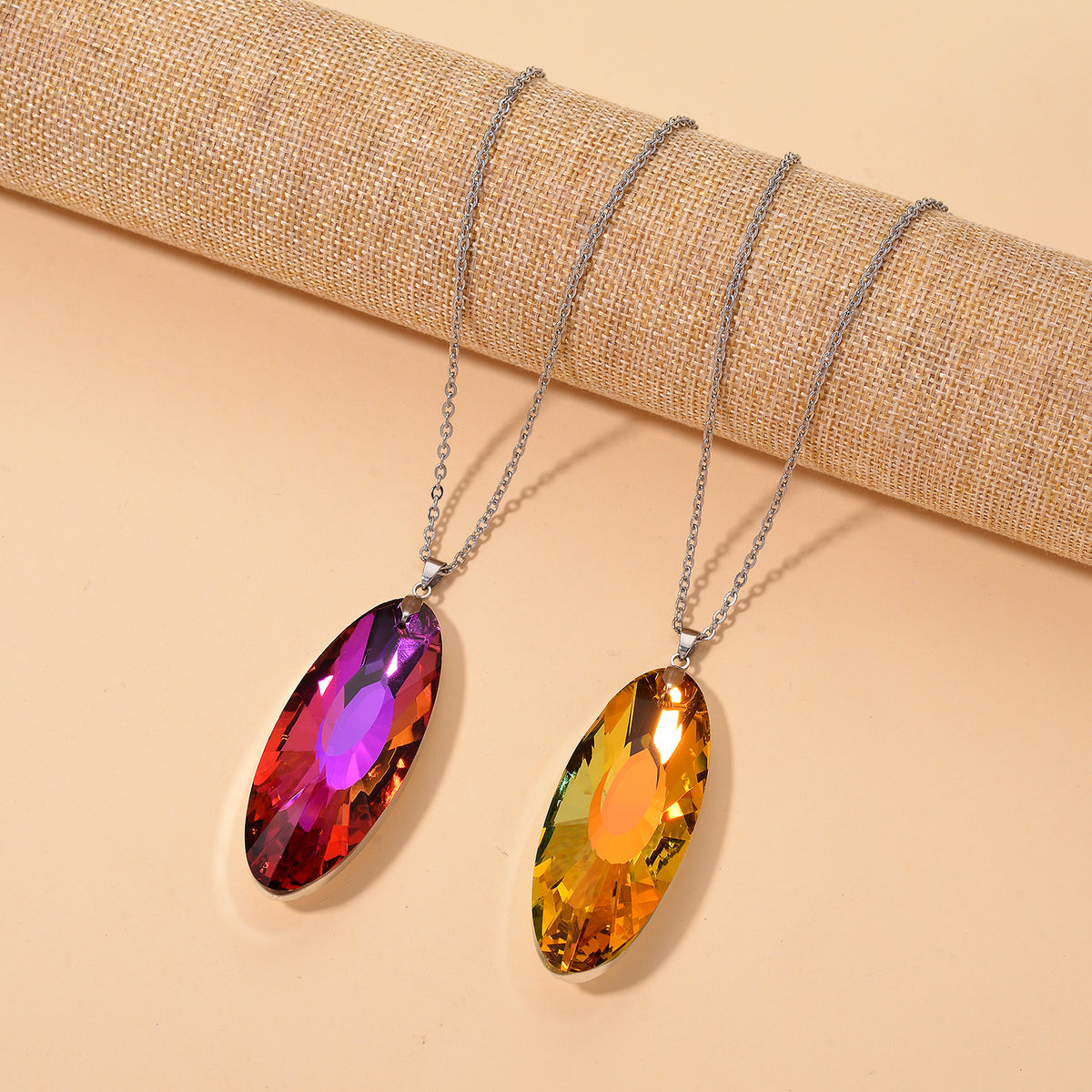 Set of 2 - Yellow &amp; Pink Colour Crystal Oval Solitaire Pendant with Chain (Size 24) 4424653 1