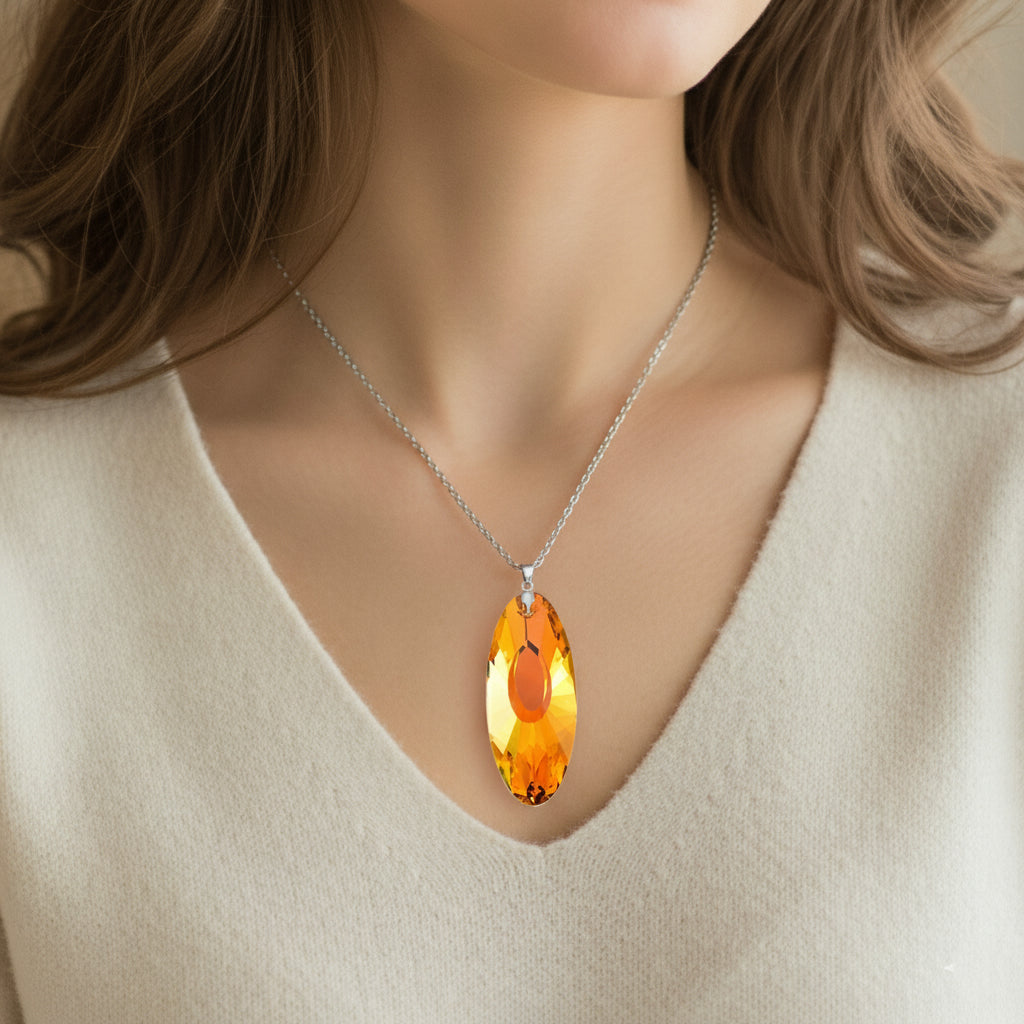Set of 2 - Yellow &amp; Pink Colour Crystal Oval Solitaire Pendant with Chain (Size 24) 4424653 2