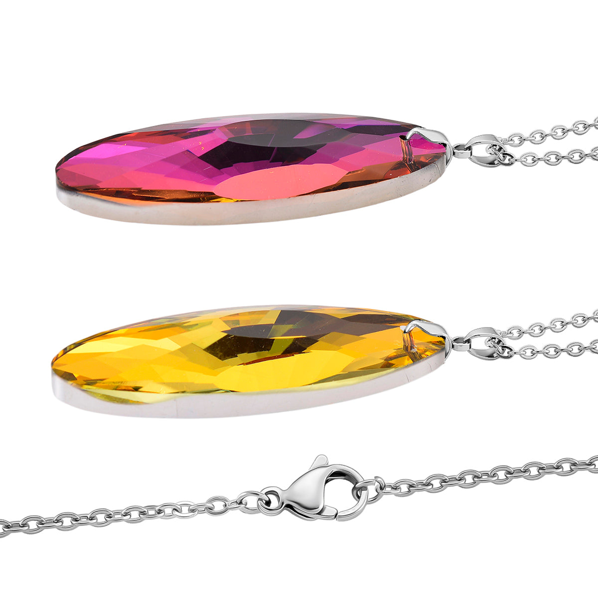 Set of 2 - Yellow &amp; Pink Colour Crystal Oval Solitaire Pendant with Chain (Size 24) 4424653 5