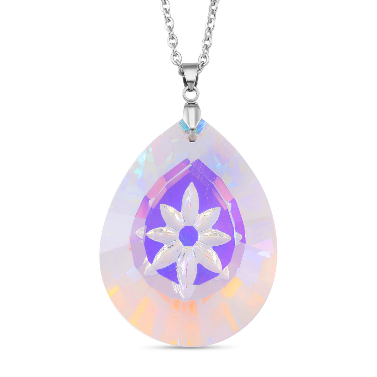 White Magic Colour Crystal Flower Pendant with Chain (Size 24) in Silver Tone (47x34) V32520014 0