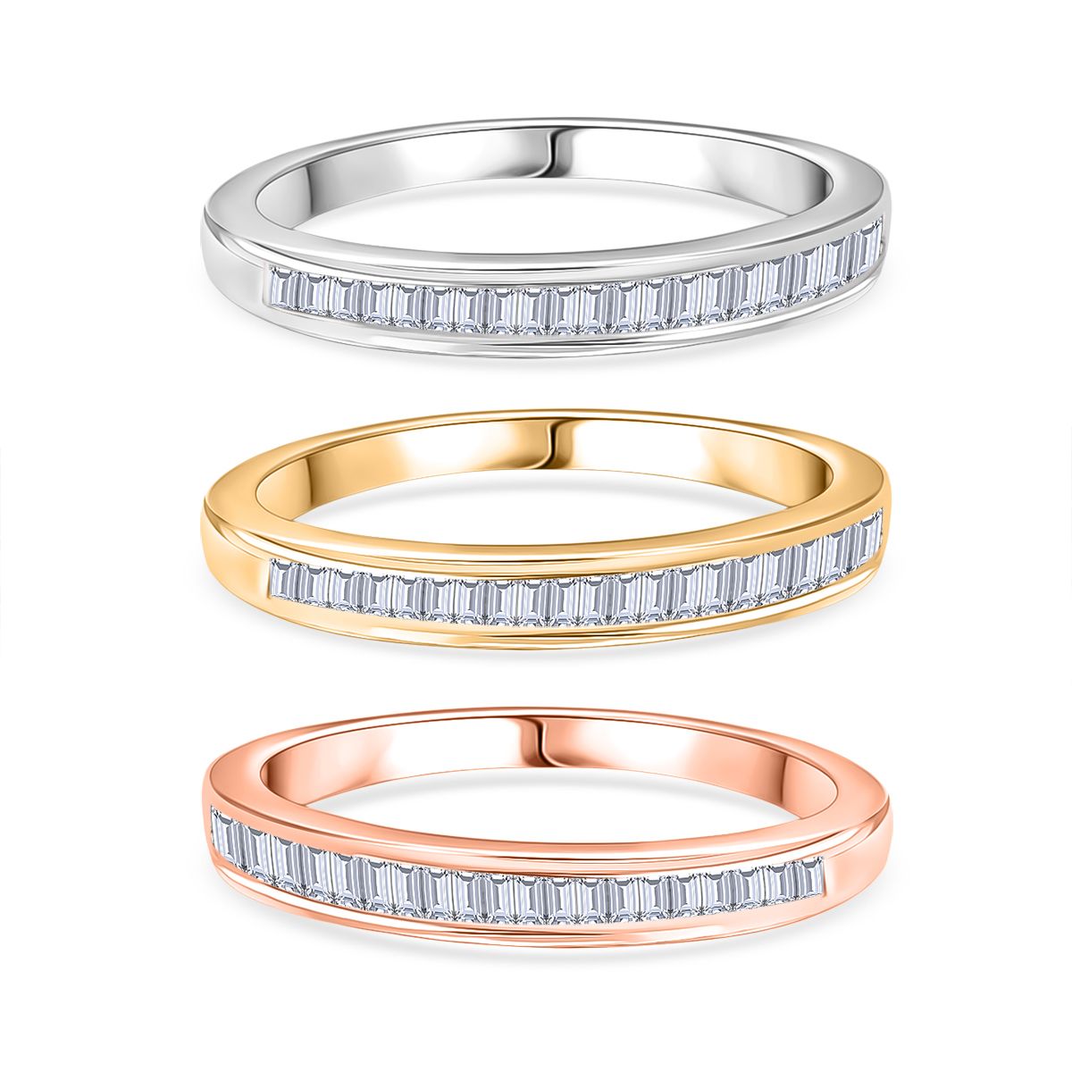 D'Joy Set of 3 - White Natural Diamond Stackable Ring in Rhodium Overlay and 18K Vermeil Yellow and Rose Gold Plated Sterling Silver 0.51 Ct 4424930 0