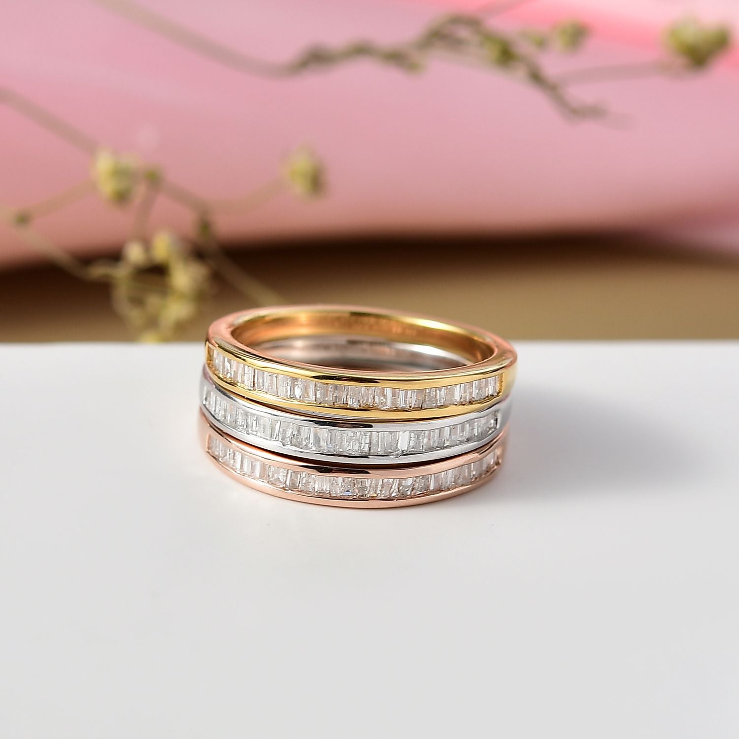 D'Joy Set of 3 - White Natural Diamond Stackable Ring in Rhodium Overlay and 18K Vermeil Yellow and Rose Gold Plated Sterling Silver 0.51 Ct 4424930 2