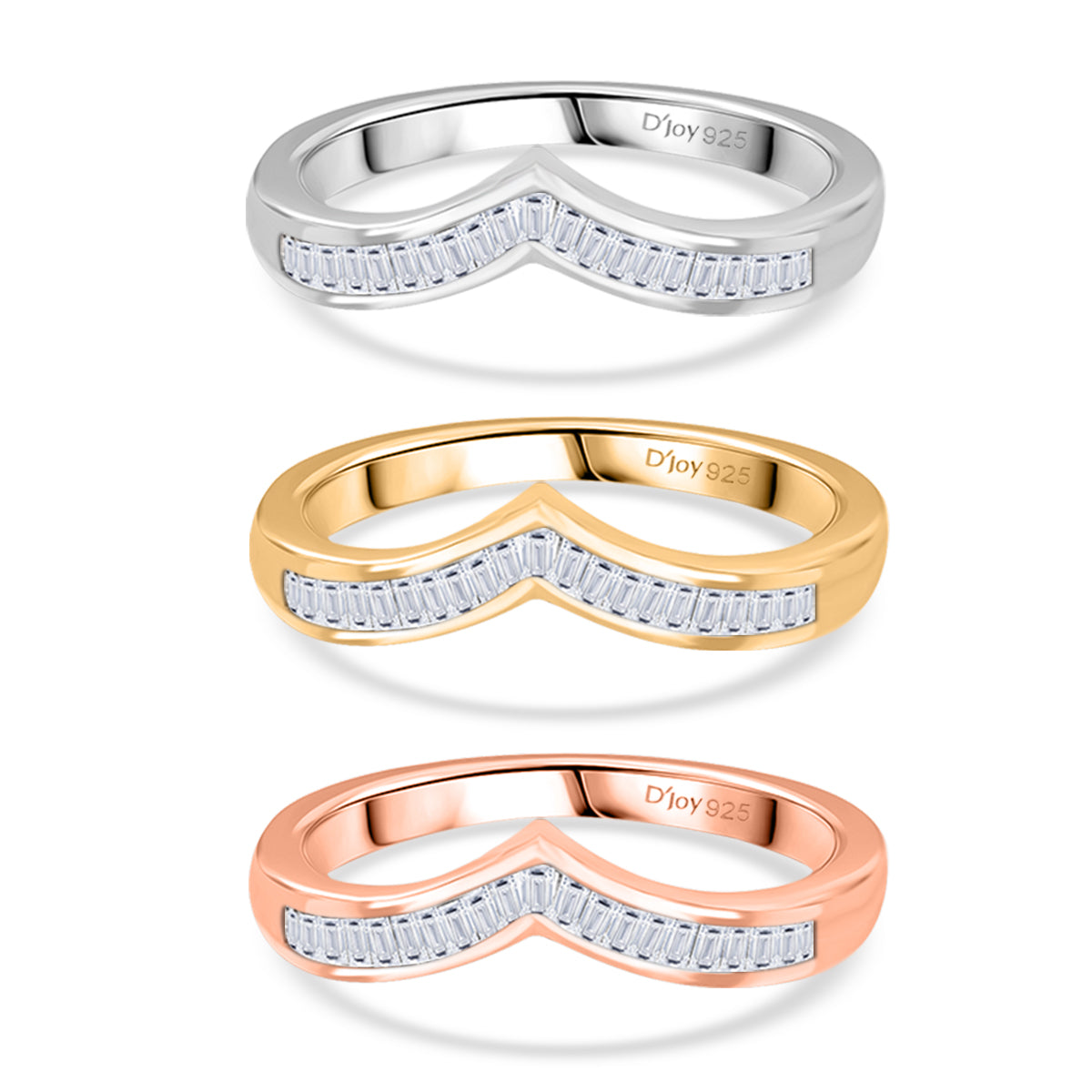Set of 3 -  D'Joy Natural White Diamond Stackable Wishbone Ring in Rhodium Overlay and 18K Yellow Gold Vermeil and 18K Rose Gold Vermeil Sterling Silver 0.50 Ct. V32639459 0