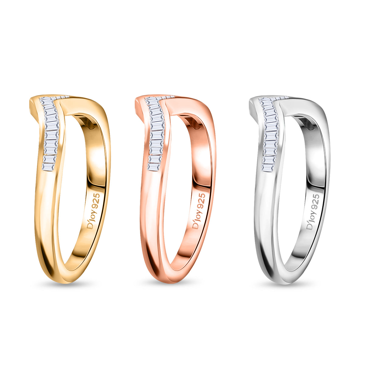 Set of 3 -  D'Joy Natural White Diamond Stackable Wishbone Ring in Rhodium Overlay and 18K Yellow Gold Vermeil and 18K Rose Gold Vermeil Sterling Silver 0.50 Ct. V32639459 4