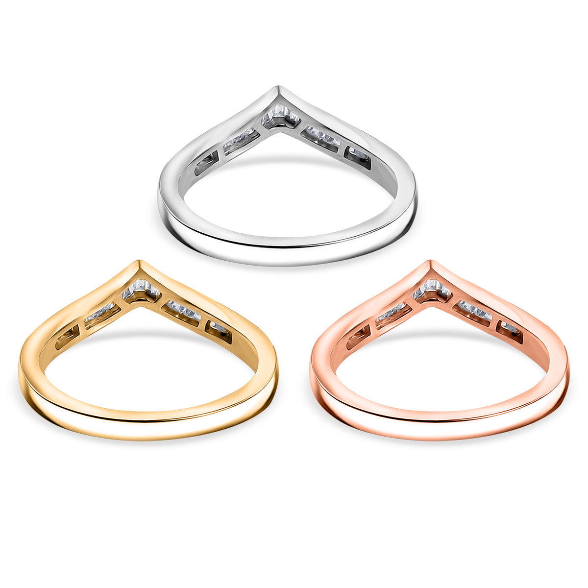Set of 3 -  D'Joy Natural White Diamond Stackable Wishbone Ring in Rhodium Overlay and 18K Yellow Gold Vermeil and 18K Rose Gold Vermeil Sterling Silver 0.50 Ct. V32639459 5