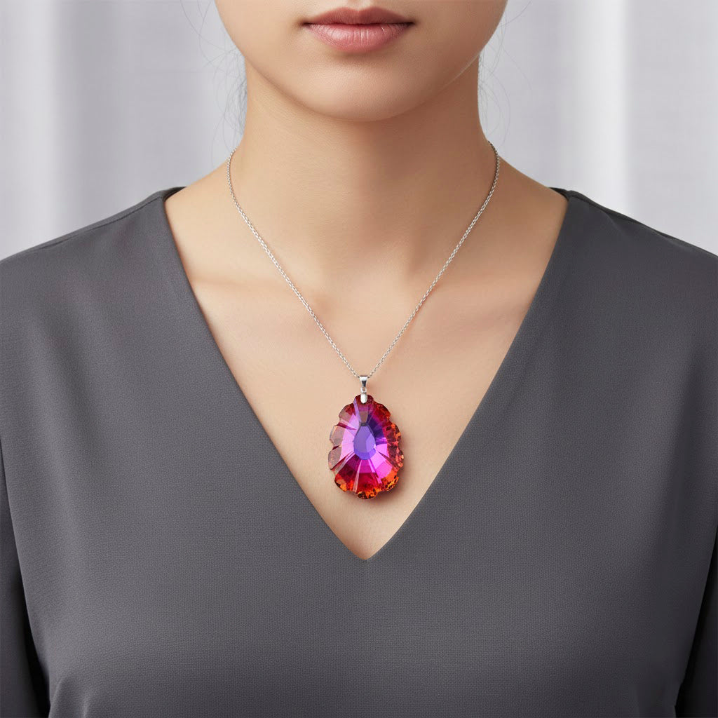 Orange Magic Color Crystal Pendant with Chain (Size 24) in Silver Tone (62x40)_4425305_2