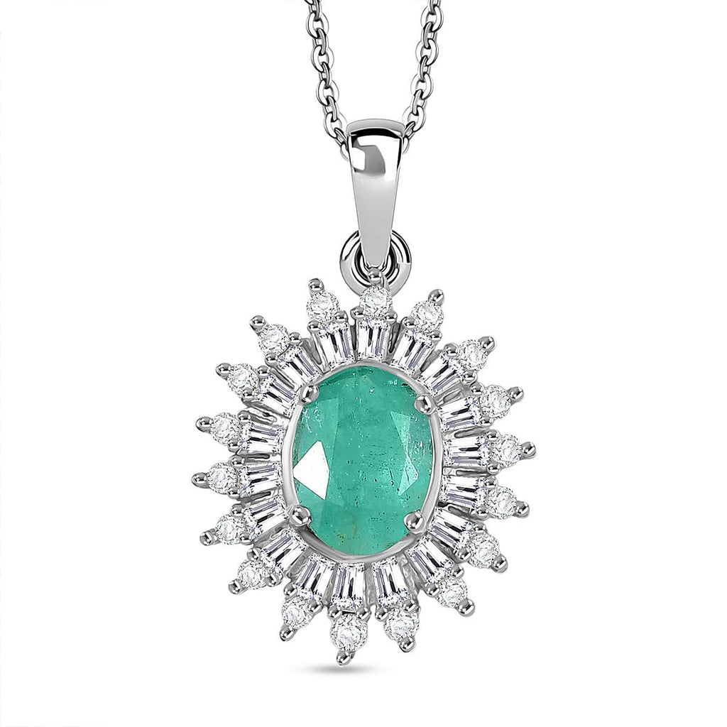 D'Joy Emerald & Moissanite Pendant with Chain (Size 20) in Rhodium Overlay Sterling Silver 1.80 Ct._4425316