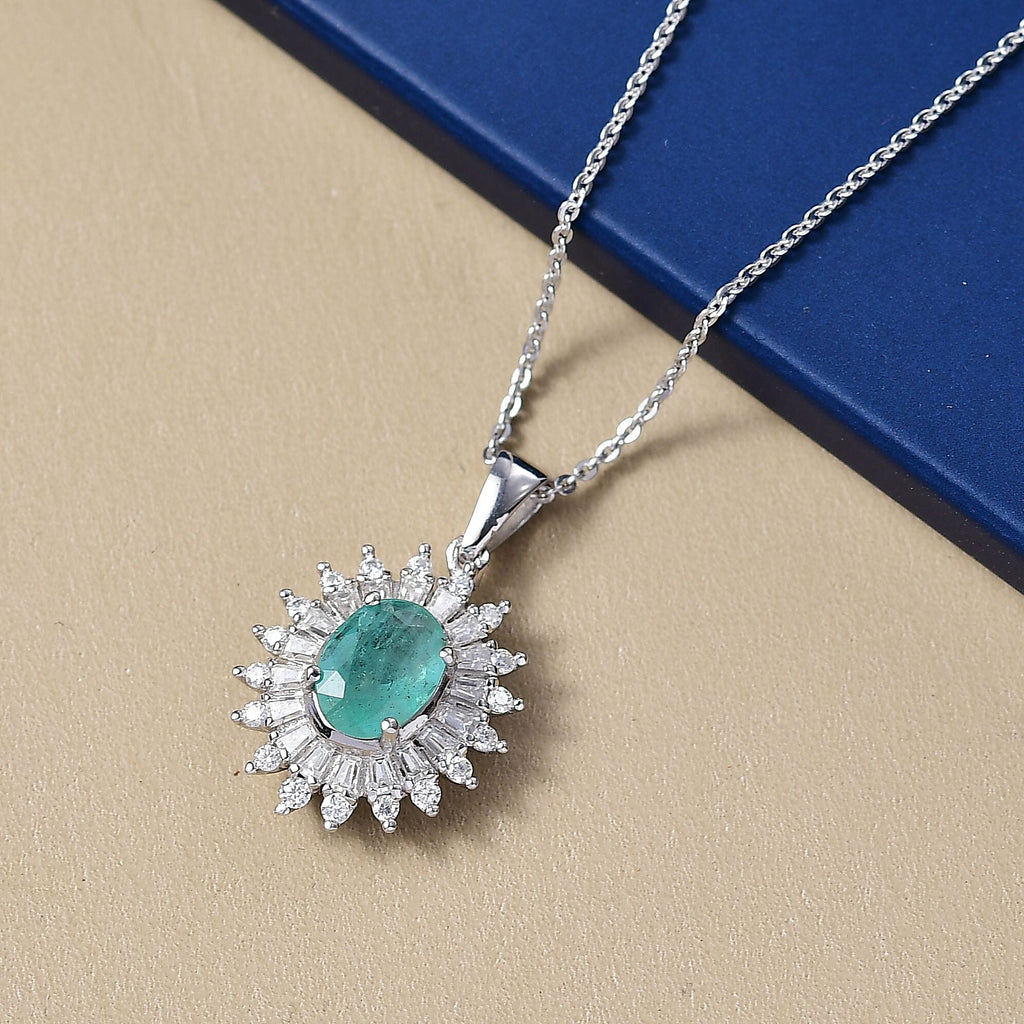 D'Joy Emerald & Moissanite Pendant with Chain (Size 20) in Rhodium Overlay Sterling Silver 1.80 Ct._4425316_2