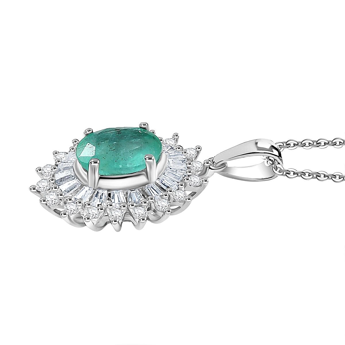 D'Joy Emerald,  Moissanite Halo Pendant with Chain (Size 20) in Rhodium Overlay Sterling Silver 1.80 Ct. V32519829 4