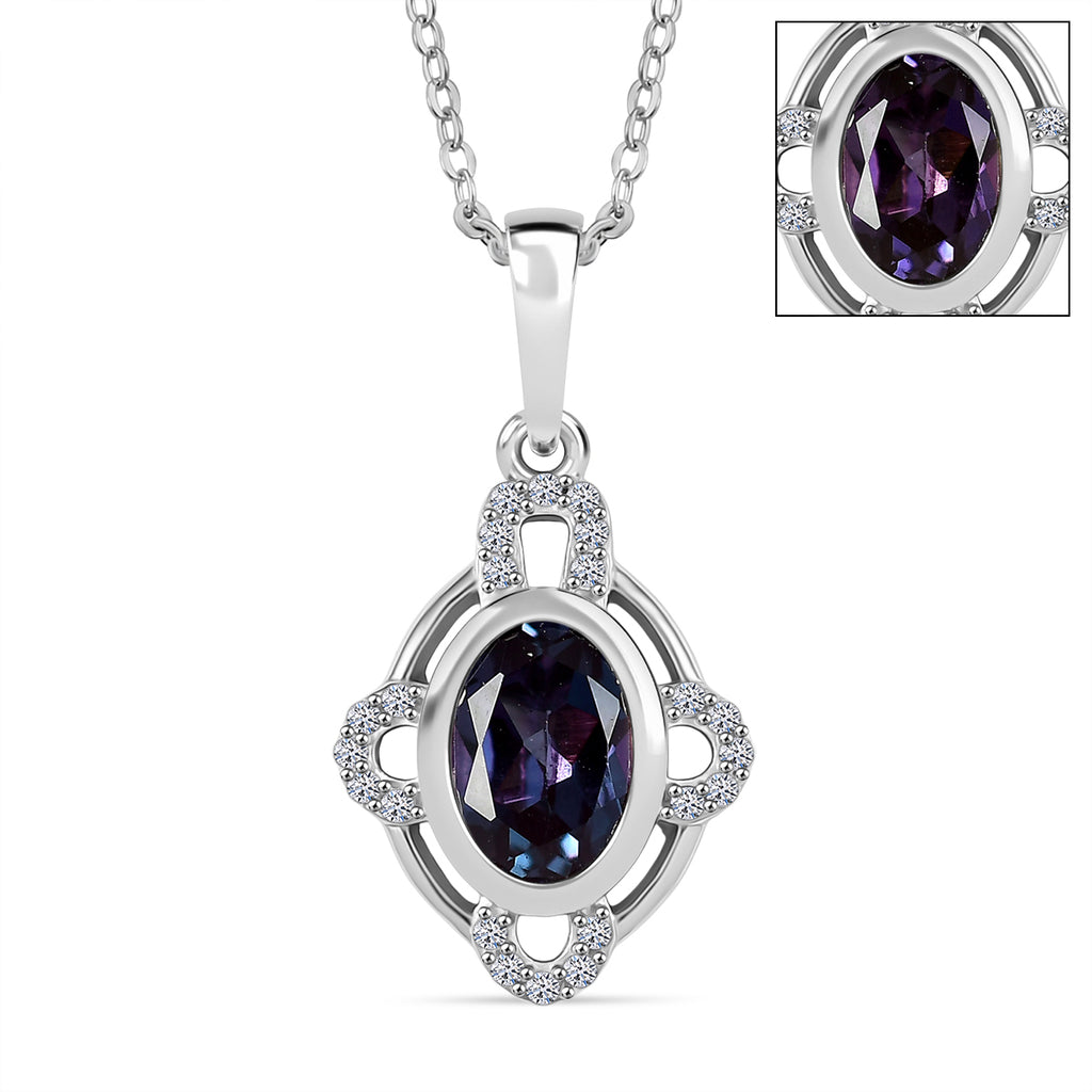 Luxuriant Lab Grown Alexandrite & White Zircon Pendant with Chain (Size 20) in Rhodium Overlay Sterling Silver 1.03 Ct. (Product Dimension L- 20.50 W-10.40 H-3.10mm)._4425395
