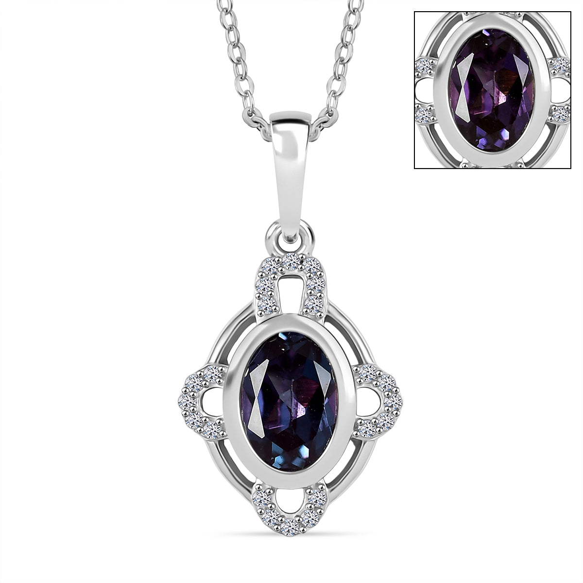 Luxuriant Lab Grown Alexandrite &amp; White Zircon Pendant with Chain (Size 20) in Rhodium Overlay Sterling Silver 1.03 Ct. (Product Dimension L- 20.50 W-10.40 H-3.10mm). V32529835 0