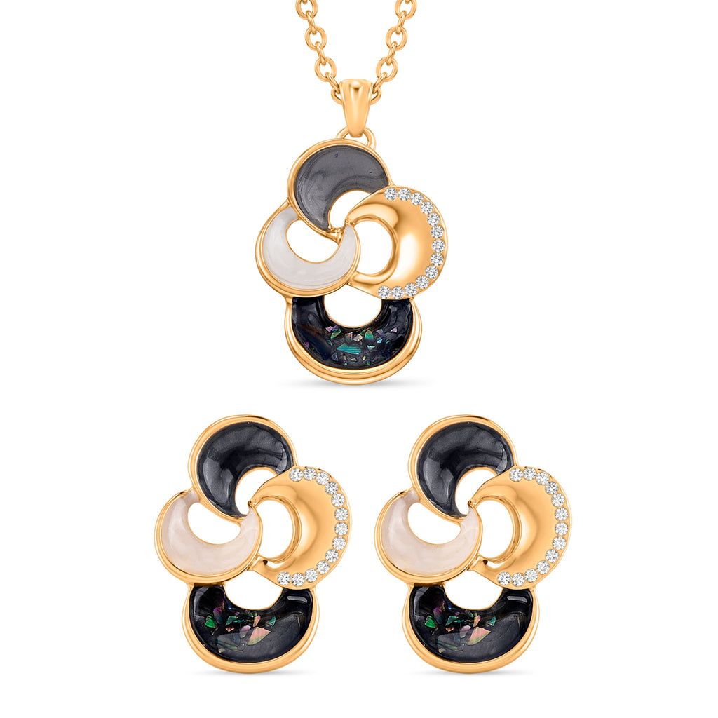 Bloomstone Collection - Set of 2 - Abalone Shell, White Shell Pearl & White Crystal Necklace (Size - 18+2 Ext) and Push Back Earring_4425453