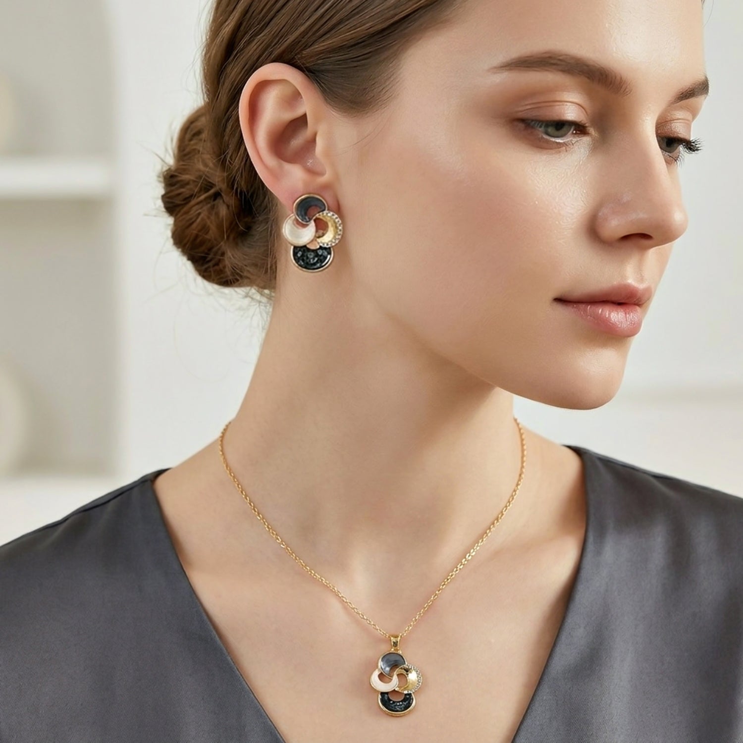 Bloomstone Collection - Set of 2 - Abalone Shell, White Shell Pearl &amp; White Crystal Necklace (Size - 18-2 Ext) and Push Back Earring V32364569 2