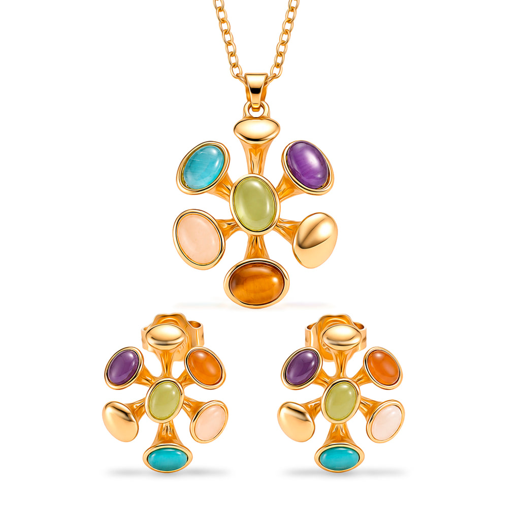 Bloomstone Collection - Set of 2 - Multi Colour Crystal Necklace (Size - 18+2 Ext) and Push Back Earring_4425458