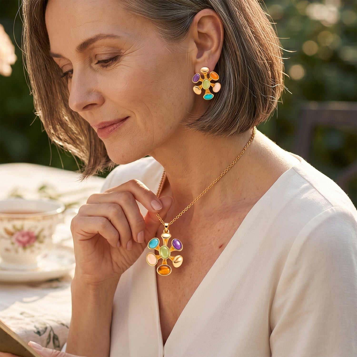 Bloomstone Collection - Set of 2 - Multi Colour Crystal Necklace (Size - 18+2 Ext) and Push Back Earring 4425458 2