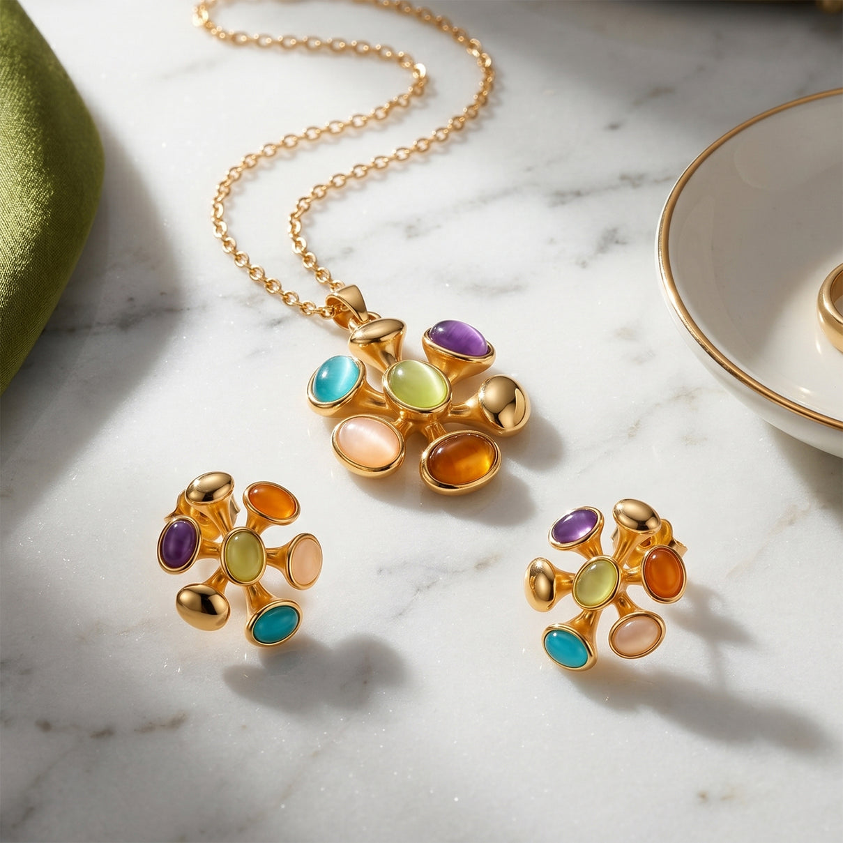 Bloomstone Collection - Set of 2 - Multi Colour Crystal Necklace (Size - 18+2 Ext) and Push Back Earring 4425458 3
