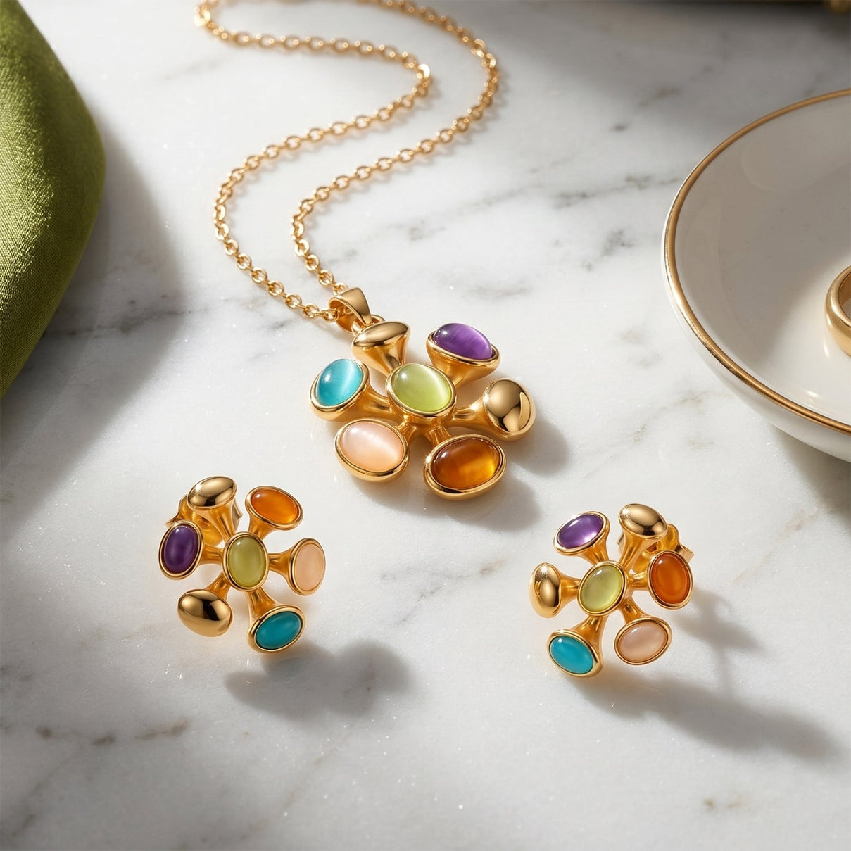 Bloomstone Collection - Set of 2 - Multi Colour Crystal Necklace (Size - 18-2 Ext) and Push Back Earring V32364171 3