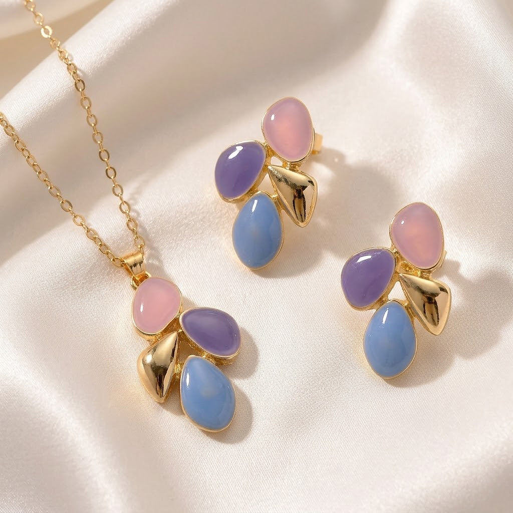 Bloomstone Collection - Set of 2 - Floral-Inspired Necklace (Size - 18-2 Ext) and Push Back Earring with Pink, Blue & Purple Enameling