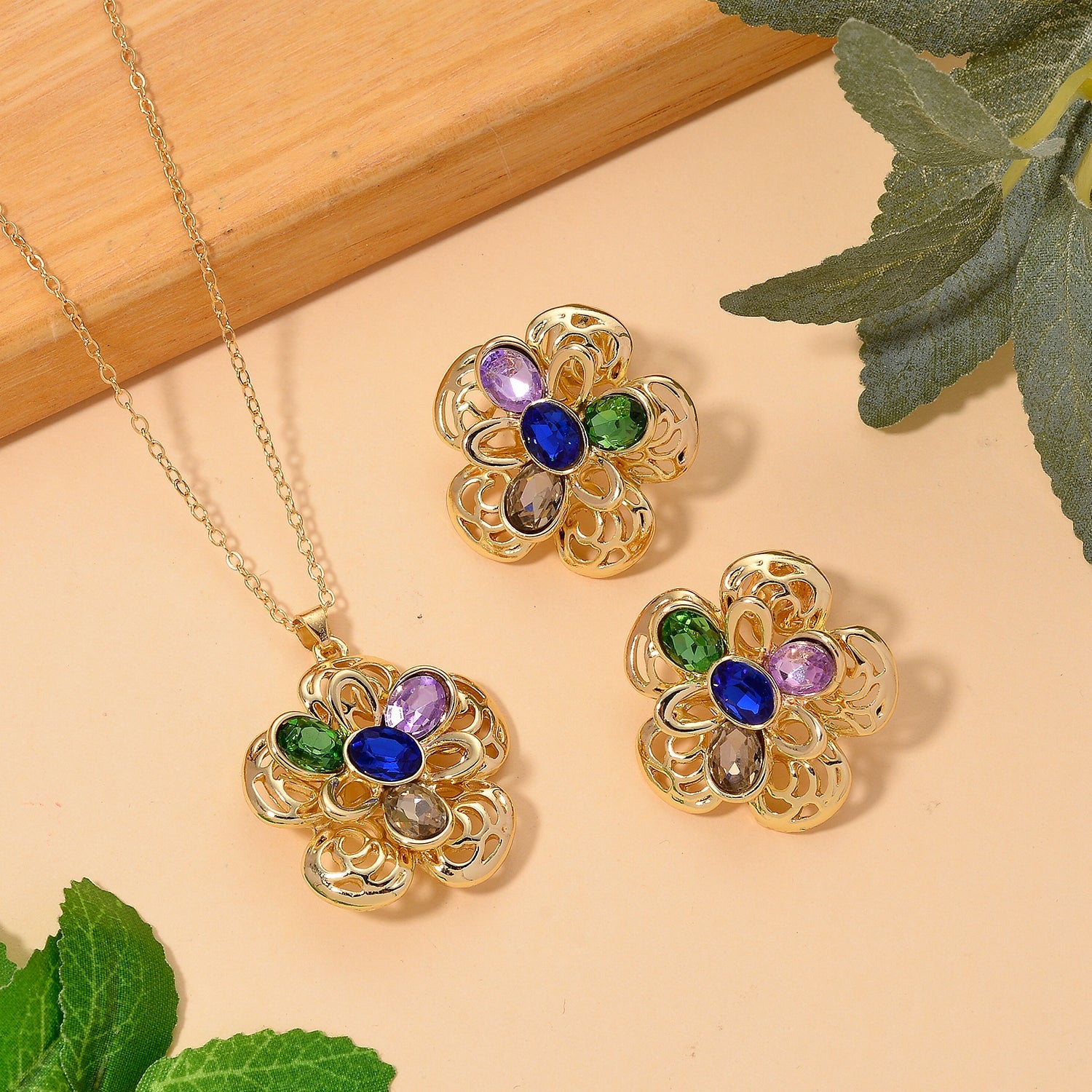 Bloomstone Collection - Set of 2 - Multi Colour Crystal Necklace (Size 16-2 Ext) and Push Back Earring V32355795 2