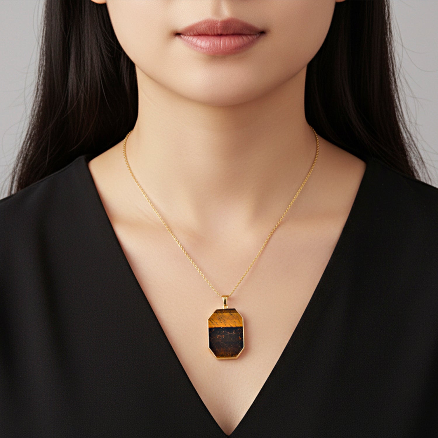 Yellow Tigers Eye Pendant with Chain (Size 20+2 Ext) in Yellow Gold Tone 20.00 Ct. (36x25) 4426068 2