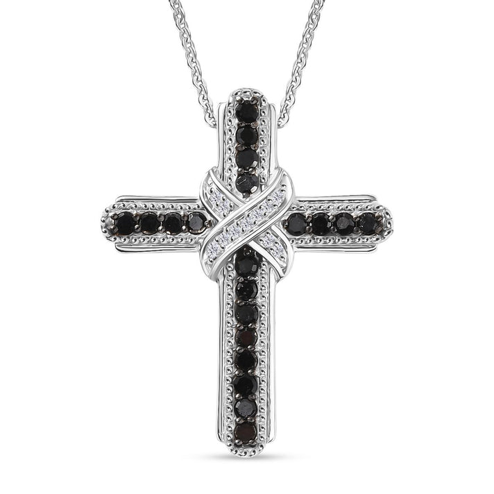 D'Joy - Black Diamond &amp; White Diamond Cross Pendant with Chain (Size 20) in Rhodium Overlay Sterling Silver 0.50 Ct. 4426273 1