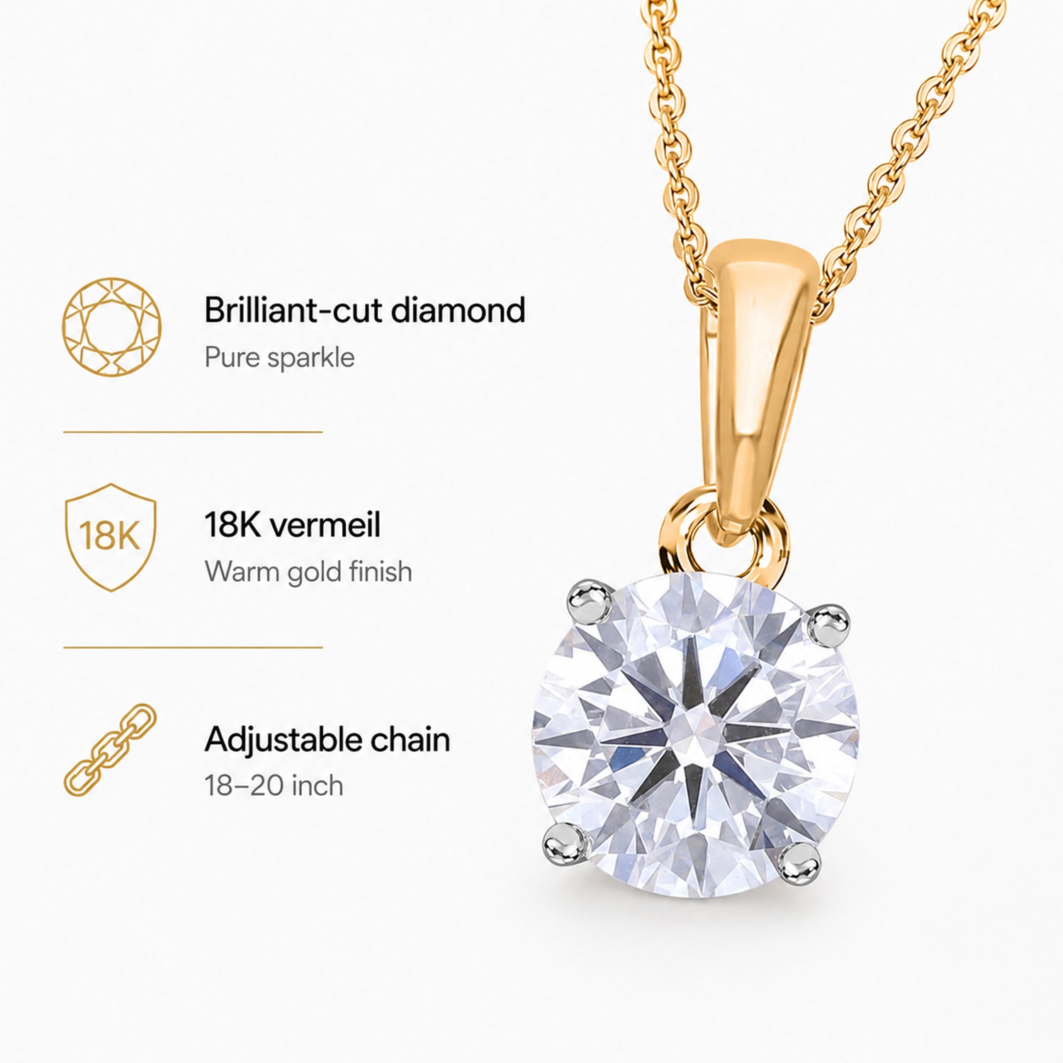 LUXURIANT 1 Ct. Lab Grown Diamond Brilliant-Cut Solitaire Pendant with Curb Chain (Size 18 - 2 Ext) in 18K Vermeil Yellow Gold Plated Sterling Silver (SI-GH) 4426577 4