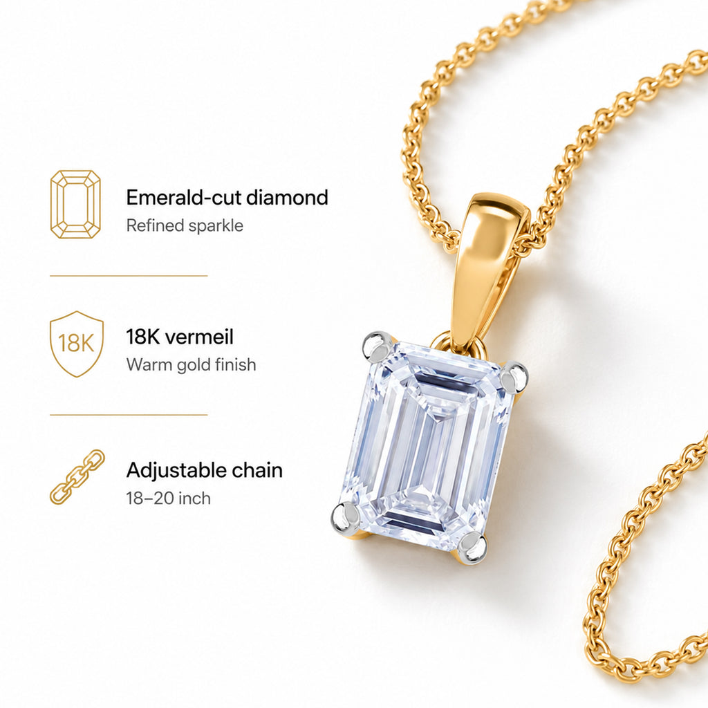 Luxuriant - Lab Grown Diamond (SI/G-H) Emerald Cut Solitaire Pendant with Curb Chain (Size 18 + 2 Ext) in 18K Vermeil Yellow Gold Plated Sterling Silver 1.00 Ct._4426580_3