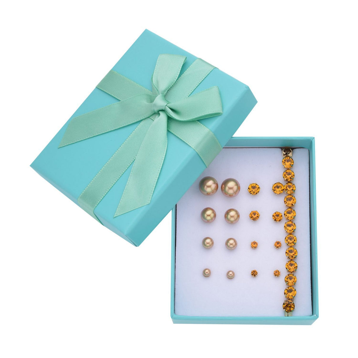 9 Piece Set - Peach Shell Pearl &amp; Champagne Crystal Bracelet (Size 8 + 1.5 Ext) &amp; Earring 52.50 Ct. 4428901 0