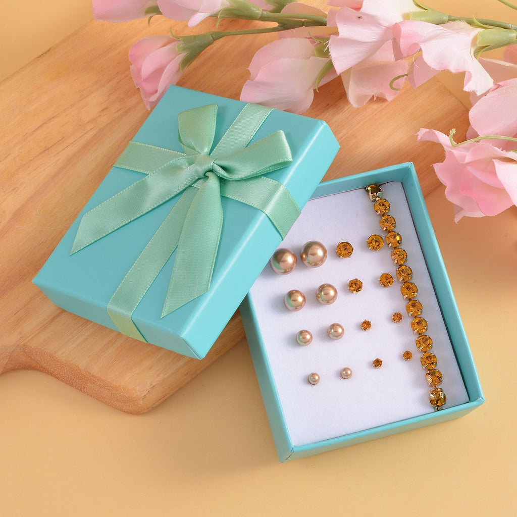 9 Piece Set - Peach Shell Pearl & Champagne Crystal Bracelet (Size 8 + 1.5 Ext) & Earring 52.50 Ct._4428901_1