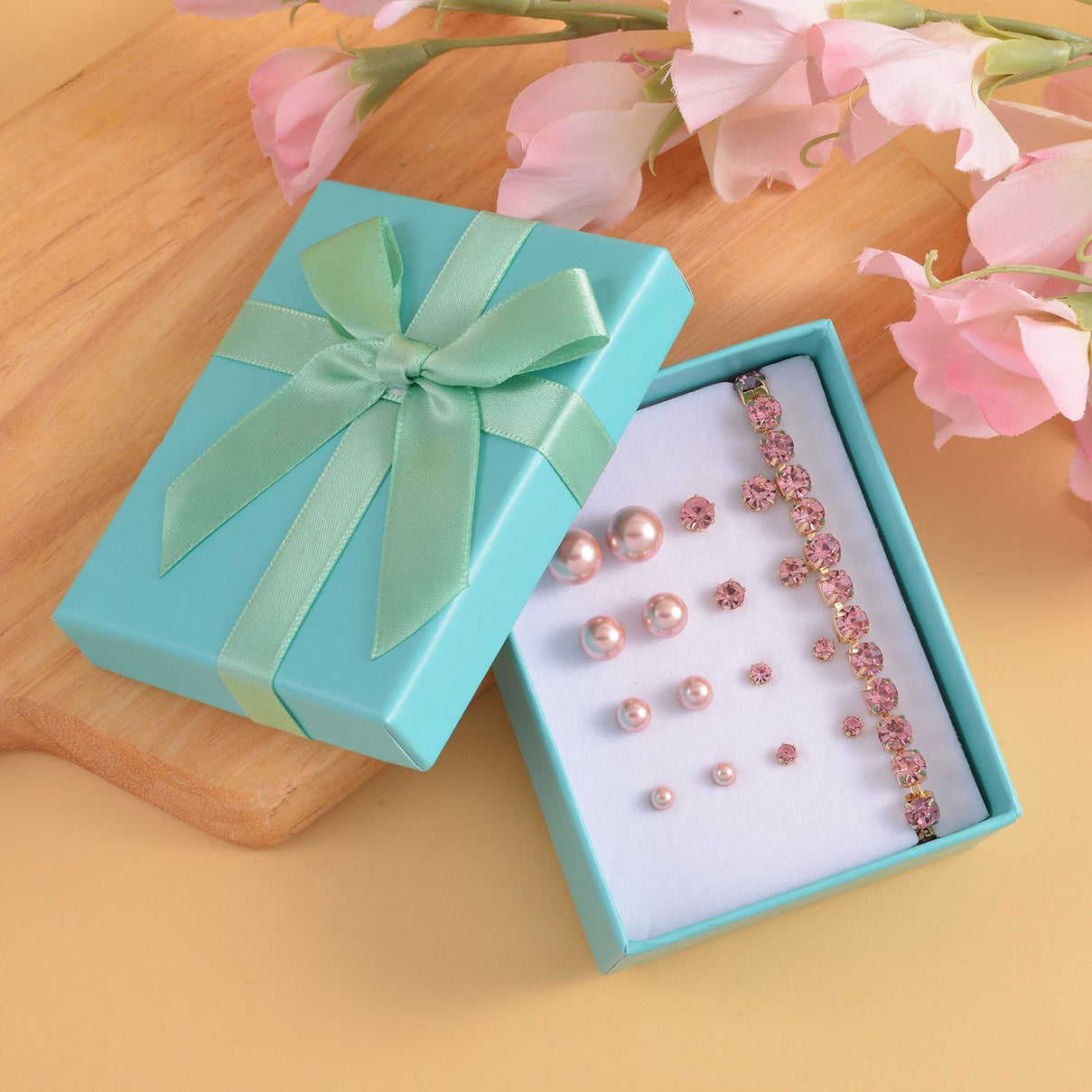 9 Piece Set - 4 Pink Colour Shell Pearl Earrings, 4 Magic Colour Crystal Earrings and Tennis Bracelet (Size 8 + 1.5 Ext) 52.50 Ct. 4428903 1