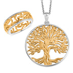 EverTrue 2 Piece Set - Ring (Size R) & Tree of Life Pendant with Chain (Size 20) in Yellow Gold Plated & Platinum Overlay_4430308