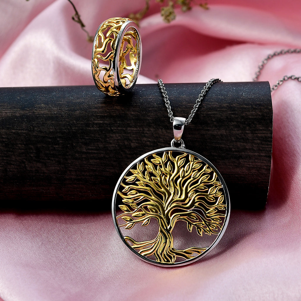 EverTrue 2 Piece Set - Ring (Size R) & Tree of Life Pendant with Chain (Size 20) in Yellow Gold Plated & Platinum Overlay_4430308_1