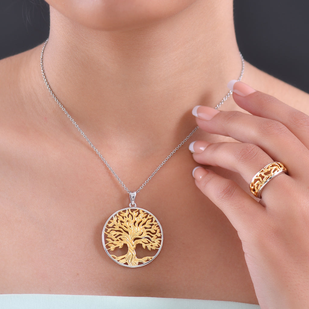 EverTrue 2 Piece Set - Ring (Size R) & Tree of Life Pendant with Chain (Size 20) in Yellow Gold Plated & Platinum Overlay_4430308_2