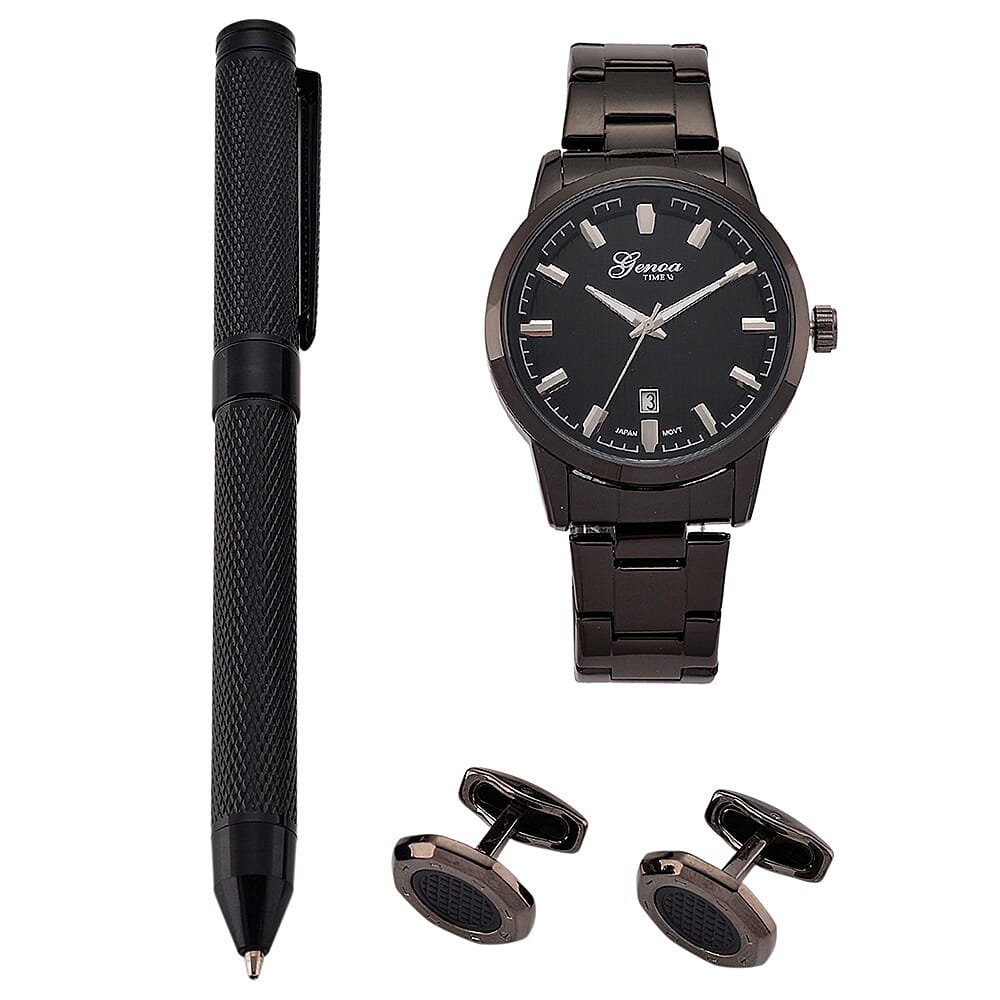 FATHERS DAY SPECIAL - GENOA TIME  Collection of Watch with 3ATM Water Resistancy and Date Function, Luxury Pen &amp; Cufflinks - Black V32538622 0