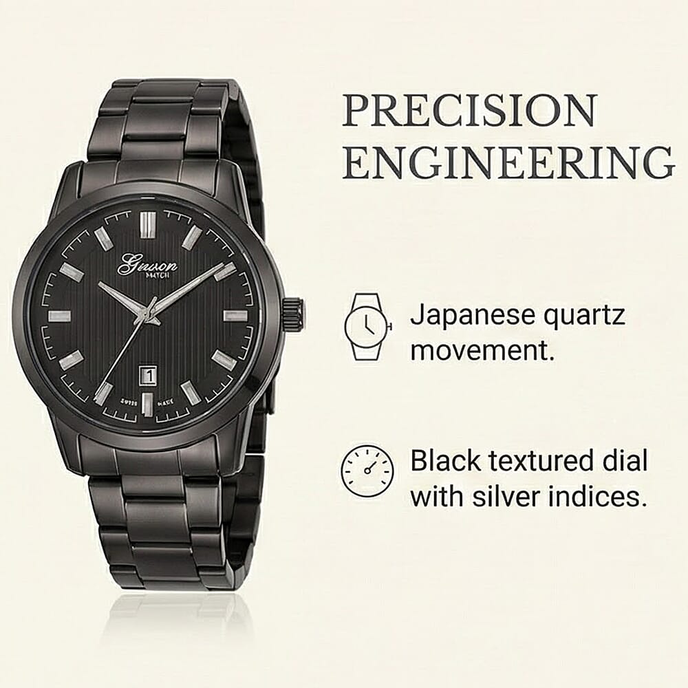 FATHERS DAY SPECIAL - GENOA TIME  Collection of Watch with 3ATM Water Resistancy and Date Function, Luxury Pen &amp; Cufflinks - Black V32538622 2