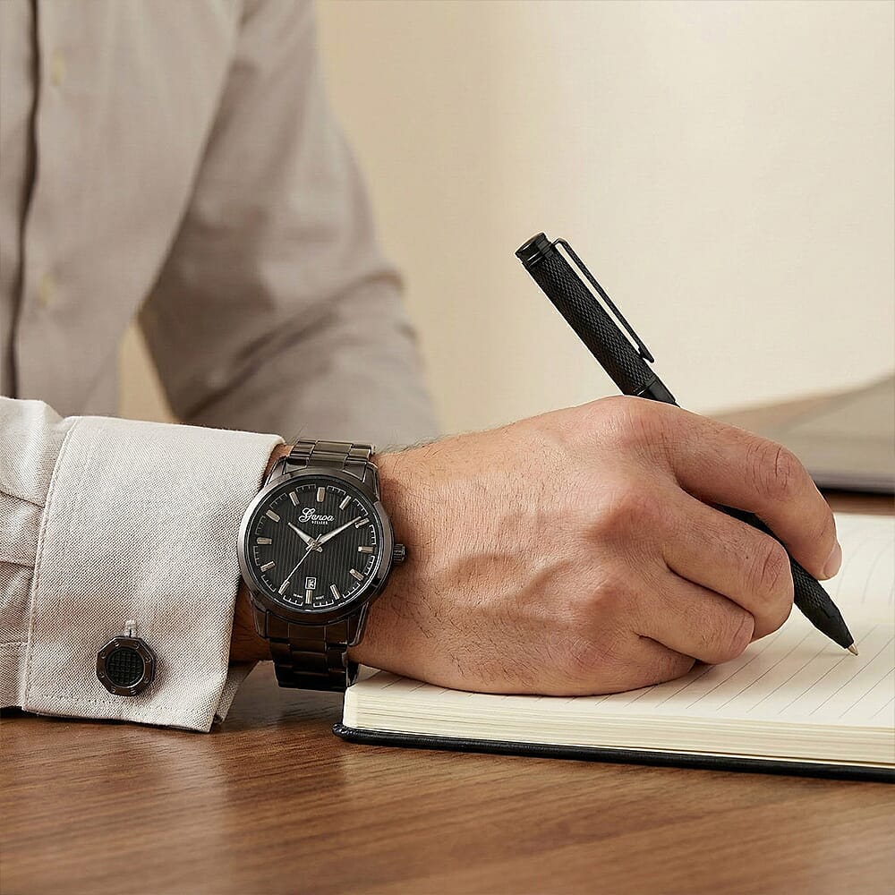 FATHERS DAY SPECIAL - GENOA TIME  Collection of Watch with 3ATM Water Resistancy and Date Function, Luxury Pen &amp; Cufflinks - Black V32538622 5