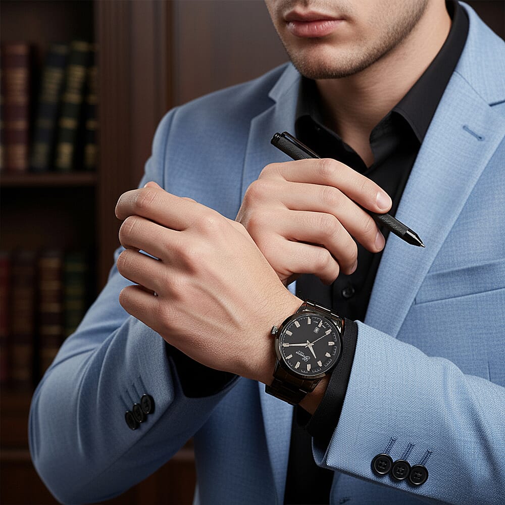 FATHERS DAY SPECIAL - GENOA TIME  Collection of Watch with 3ATM Water Resistancy and Date Function, Luxury Pen &amp; Cufflinks - Black V32538622 6