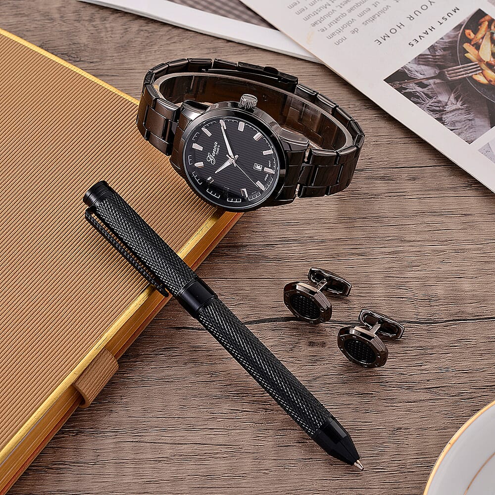 FATHERS DAY SPECIAL - GENOA TIME  Collection of Watch with 3ATM Water Resistancy and Date Function, Luxury Pen &amp; Cufflinks - Black V32538622 8