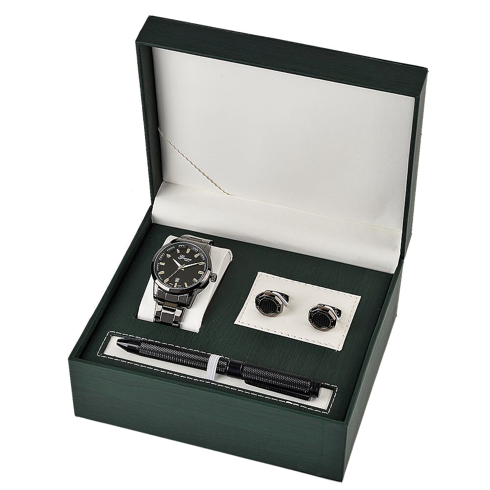 FATHERS DAY SPECIAL - GENOA TIME  Collection of Watch with 3ATM Water Resistancy and Date Function, Luxury Pen &amp; Cufflinks - Black V32538622 9