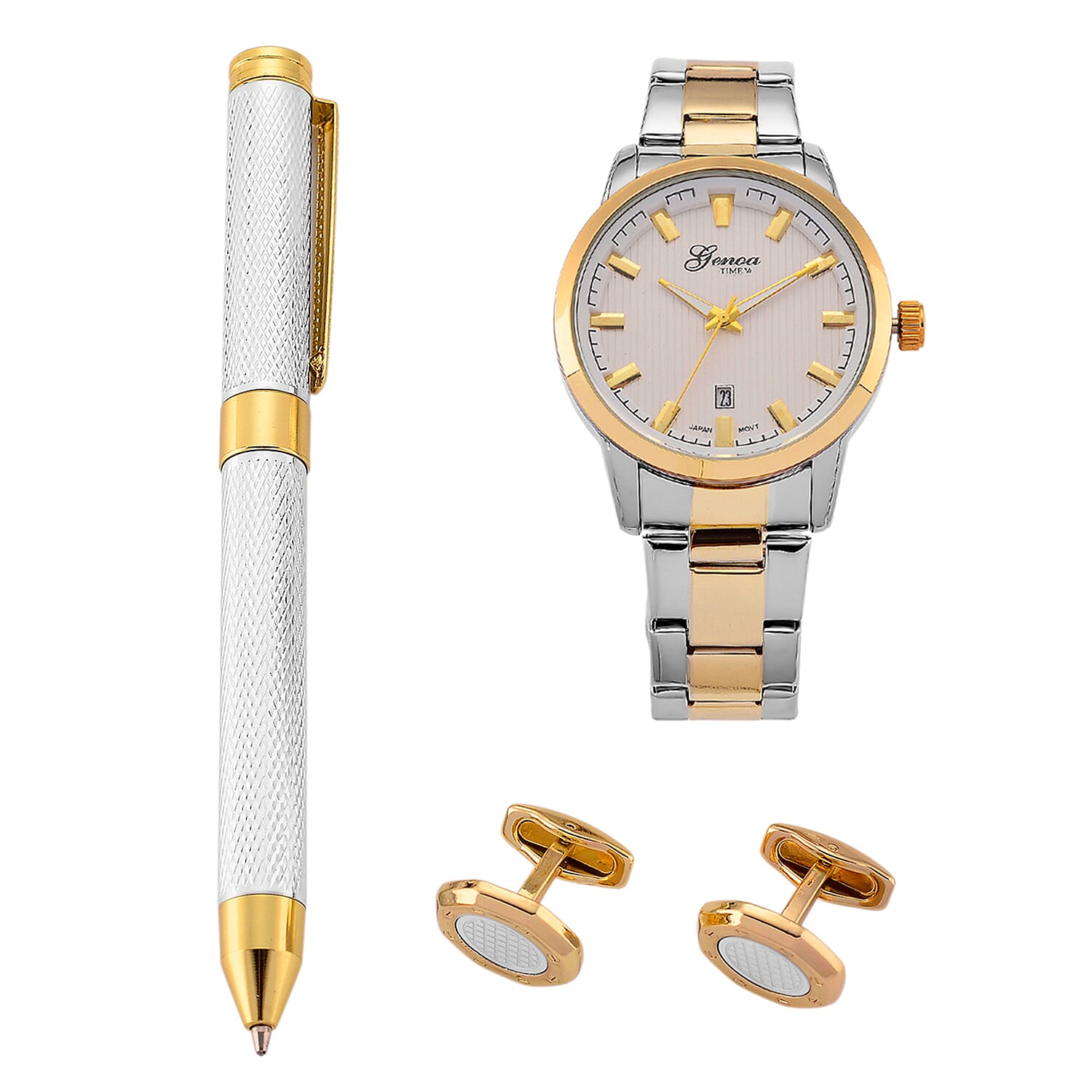 GENOA TIME V2 Quartz PC32 3ATM WR White Hydraulic Dial Mens Gift Set with Two-Tone Stainless Steel Strap, Pen &amp; Cufflinks 4431301 0