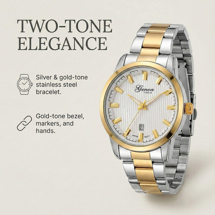 GENOA TIME V2 Quartz PC32 3ATM WR White Hydraulic Dial Mens Gift Set with Two-Tone Stainless Steel Strap, Pen &amp; Cufflinks 4431301 2