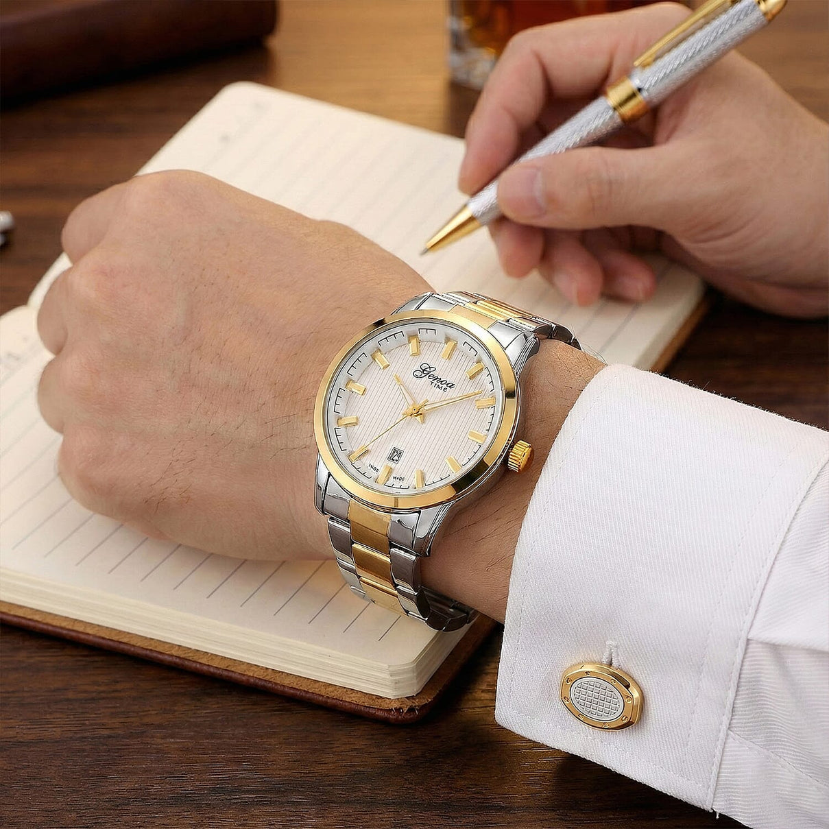 GENOA TIME V2 Quartz PC32 3ATM WR White Hydraulic Dial Mens Gift Set with Two-Tone Stainless Steel Strap, Pen &amp; Cufflinks 4431301 5