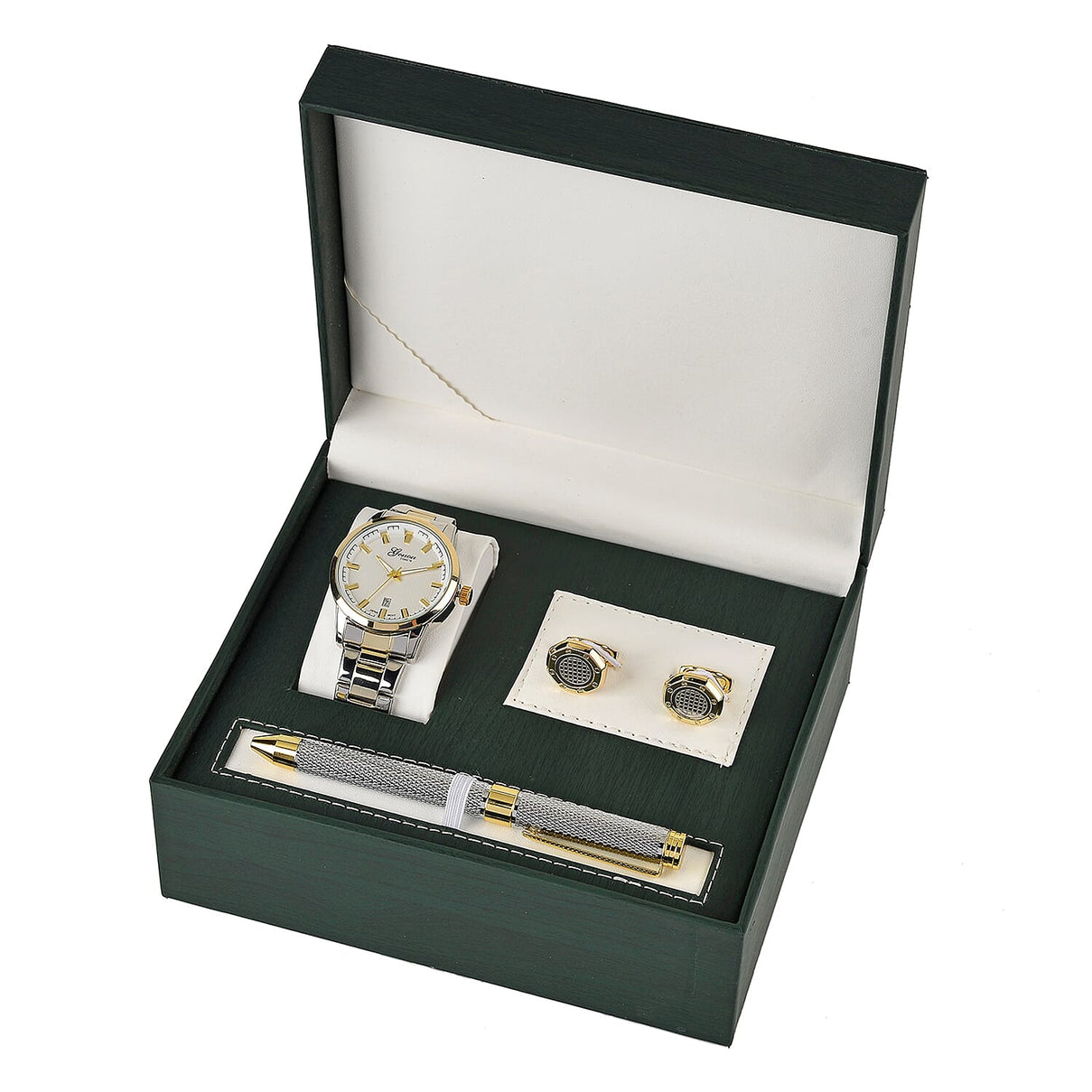 GENOA TIME V2 Quartz PC32 3ATM WR White Hydraulic Dial Mens Gift Set with Two-Tone Stainless Steel Strap, Pen &amp; Cufflinks 4431301 7