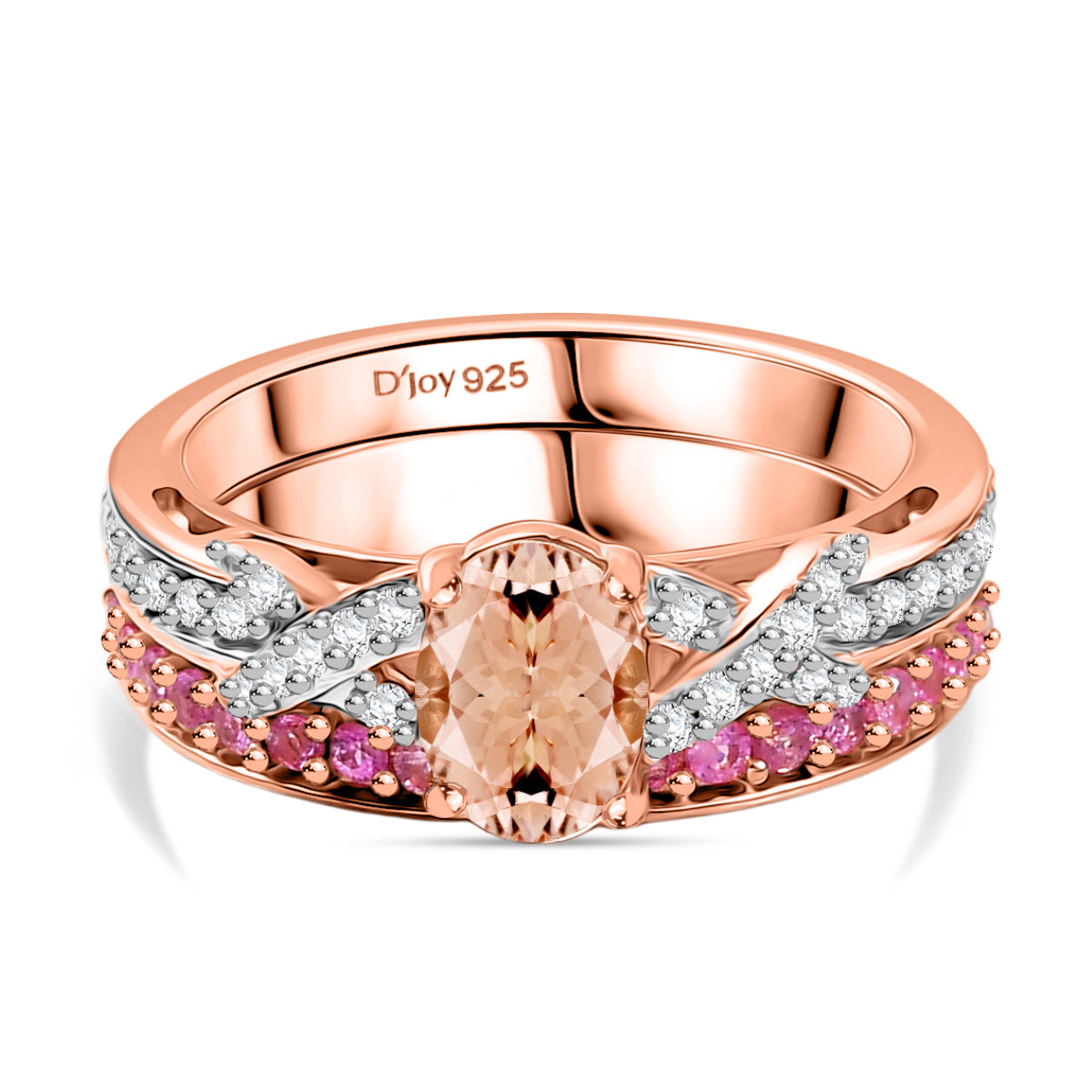 D'Joy Set of 2 - Pink Sapphire, Morganite &amp; White Zircon Ring in 18K Vermeil Rose Gold Plated Sterling Silver 1.44 Ct, Silver Wt. 5.78 Gms. 4432540 7