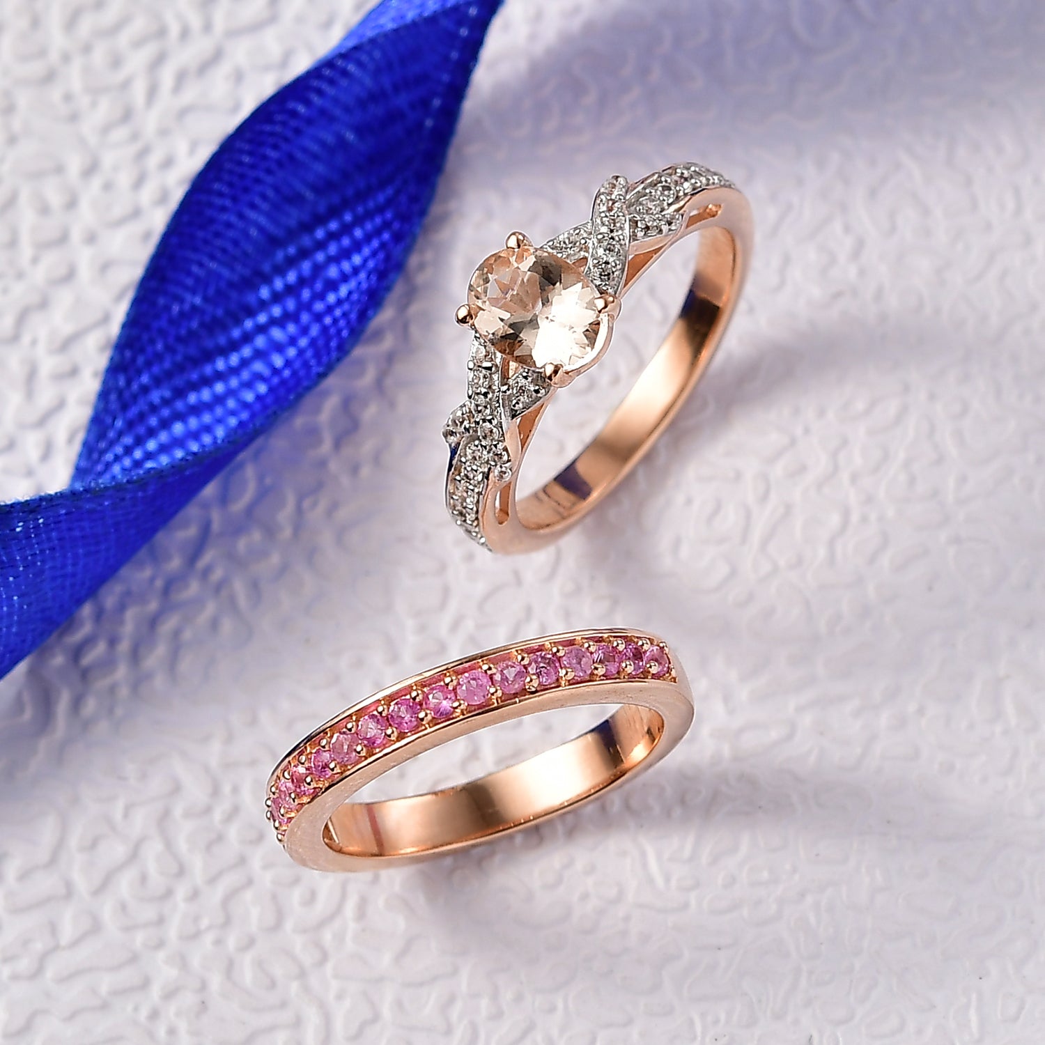 D'Joy Set of 2 - Pink Sapphire, Morganite &amp; White Zircon Ring in 18K Vermeil Rose Gold Plated Sterling Silver 1.44 Ct, Silver Wt. 5.78 Gms. 4432540 8